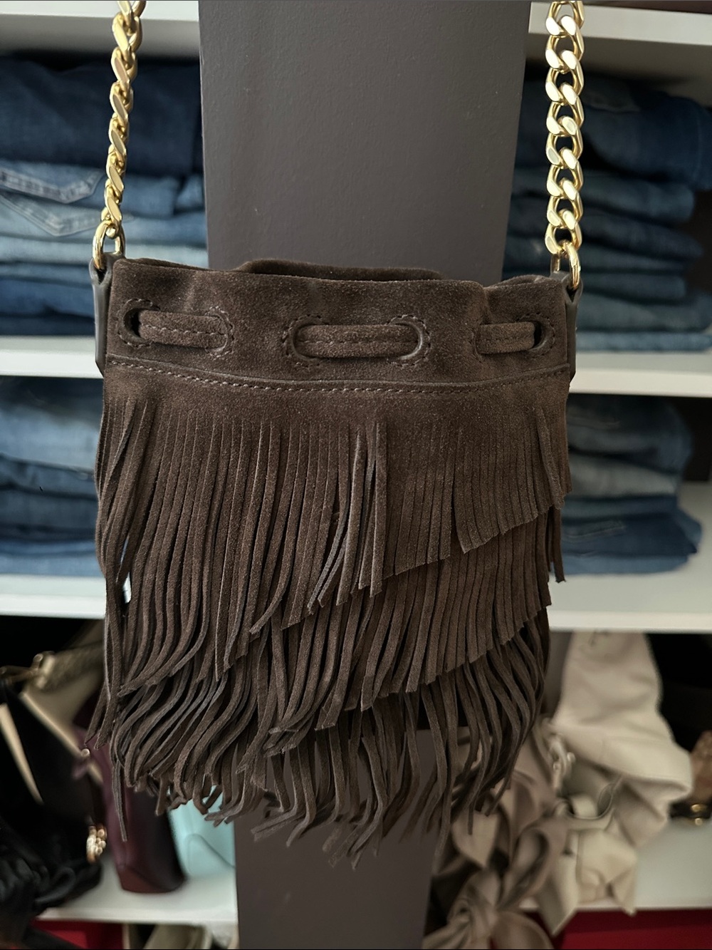 Elizabeth and James Fringe Suede Crossbody Bag with Gold Chain Strap - Brown